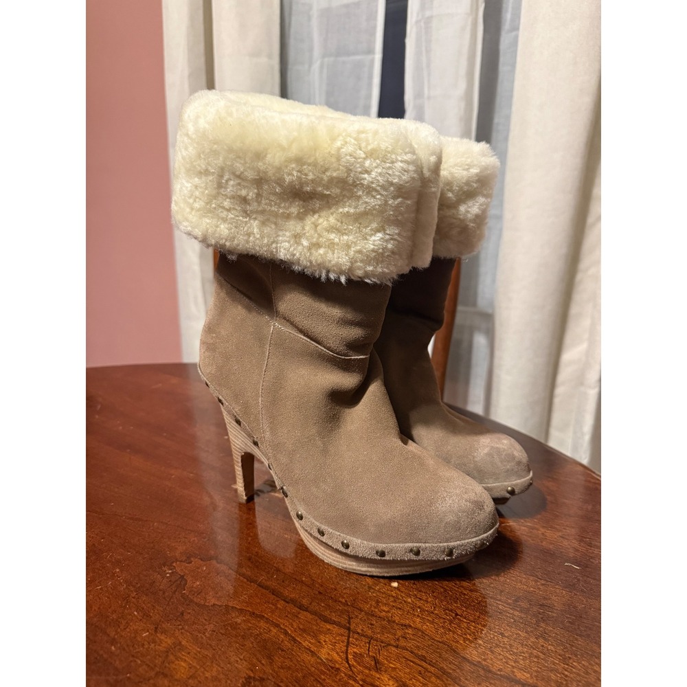 Dolce Vita Tan Suede Shearling Fur Trim Studded Clog Heel Ankle Boots 8.5